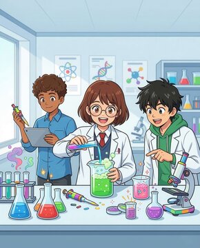 Diverse students in comic art style conducting chemistry experiment in science lab showing teamwork learning and STEM innovation