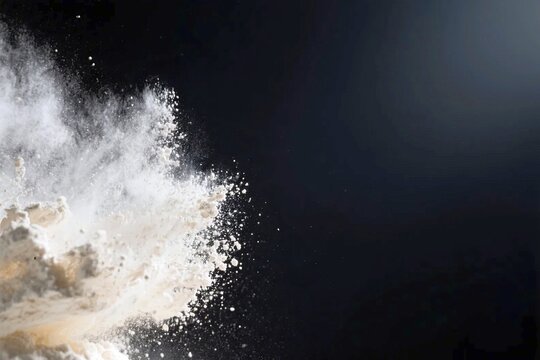 white powder flour explosion bursting against dark background conveying baking culinary passion and creative energy
