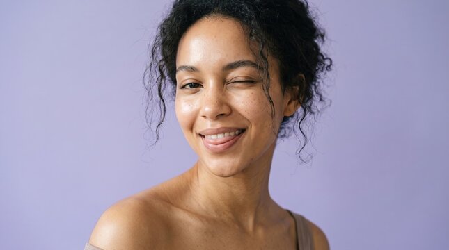 Playful young woman winking and sticking out tongue on purple background
