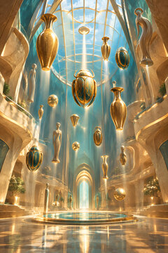 Zero Gravity Museum Hall With Floating Golden Artifacts In Futuristic Egyptian Design