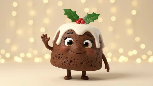 Cheerful Christmas pudding character waving hello on warm festive background. Cute holiday dessert animation with icing, holly and glowing lights