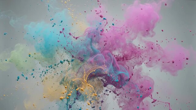 Colorful pigment clouds burst outward in teal, pink and gold powder explosion on gray background. Abstract ink splash, vibrant motion and creative art backdrop
