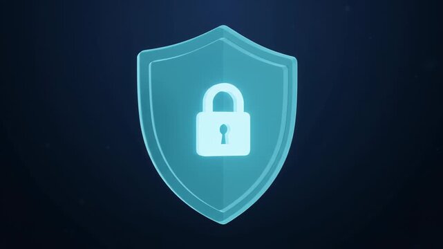 Glowing blue shield with padlock floating on dark digital background. Cybersecurity concept about data protection, online privacy and secure information