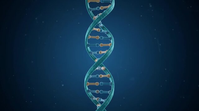 DNA double helix rotating against dark blue scientific background with floating particles. Genetics, molecular biology and biotechnology research concept