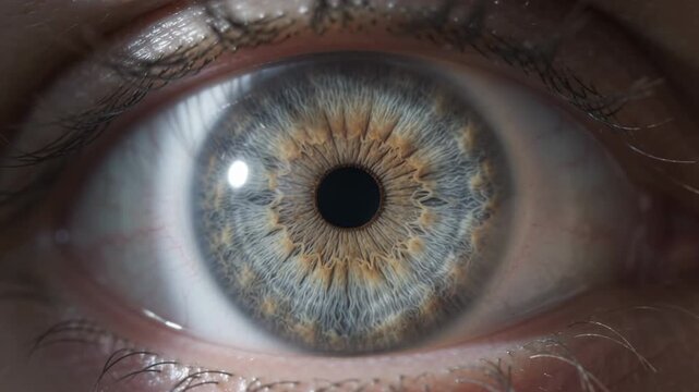Extreme close up human eye pupil constricting in bright light. Detailed iris and pupillary light reflex illustrate vision, eye physiology and light response