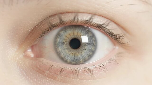 Person eye pupil constricting under bright light, demonstrating pupillary light reflex and iris response. Macro video of human vision, eye anatomy and medical science