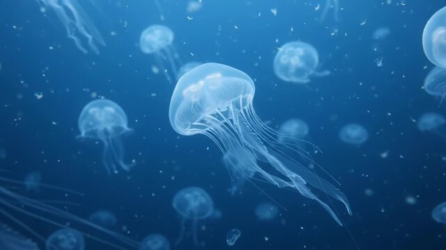 Translucent jellyfish drifting through deep blue ocean water with trailing tentacles. Marine wildlife, underwater movement and peaceful aquatic life