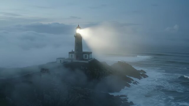 Lighthouse beam cutting through dense coastal fog above rocky shoreline and crashing ocean waves. Moody maritime scene evokes navigation, stormy weather and solitude