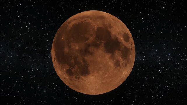 Lunar eclipse timelapse showing bright full moon shifting into deep red umbra against starfield in space. Celestial astronomy event, cosmic night sky and lunar shadow