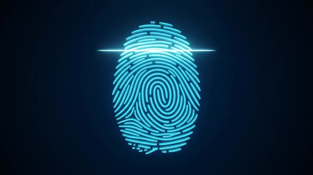 Glowing cyan fingerprint scanned by horizontal light beam on dark digital background. Biometric identification, cybersecurity and access authentication technology concept