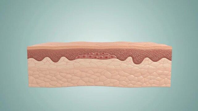 3D skin cross section showing shallow cut gradually healing as tissue repairs and surface closes. Medical animation explaining wound recovery, epidermal regeneration and skin repair