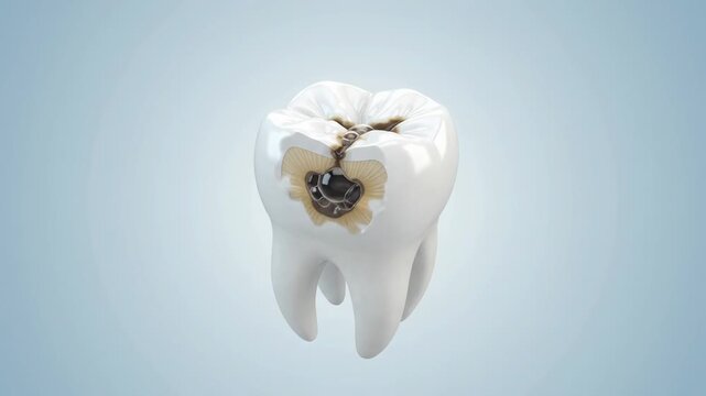 White tooth developing brown decay in 3D medical animation against pale blue background. Dental caries progression, cavity formation and oral health concept