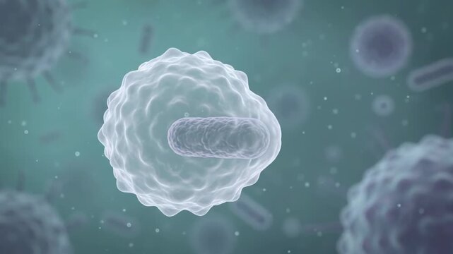 White blood cell engulfing bacterium during microscopic immune response animation. Phagocytosis, cellular defense and infection fighting inside human body