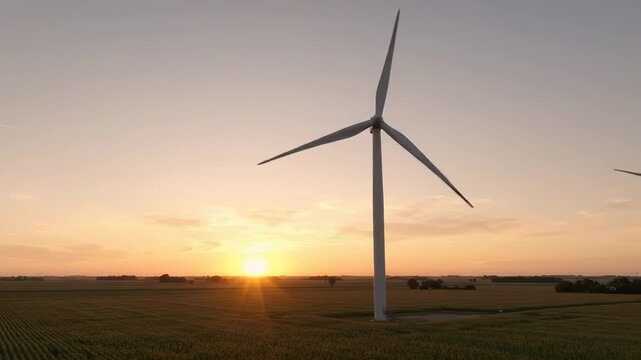 Wind turbine generating clean energy above farmland at sunset. Renewable power and sustainable agriculture across rural landscape beneath glowing evening sky