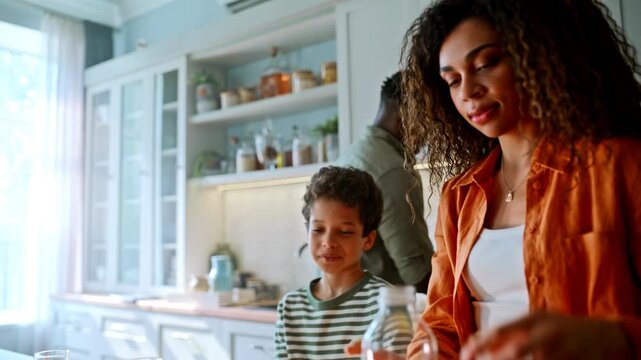 Happy family toasting orange juice glasses kitchen. Boy drinking parents.