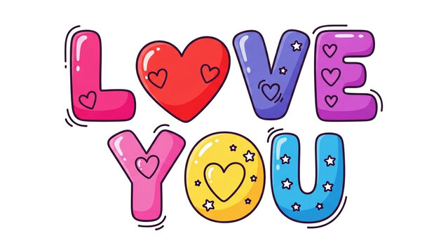 Love you text with colorful bubble letters hearts and stars isolated on transparent background for valentines day greeting cards or romantic stickers with vibrant playful cartoon typography style