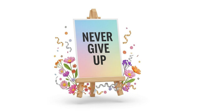Never give up text on easel with colorful flowers and party streamers isolated on transparent background for motivational greeting card or celebration banner with pastel gradient poster display