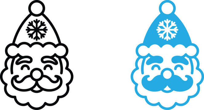 Graphic illustration of santa claus head wearing hat with snowflake motif in black and blue color variants design white background