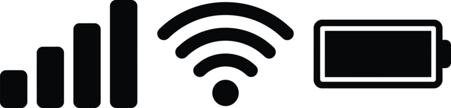 Set of mobile device connectivity and power status communication symbols with signal strength black and white connection wireless