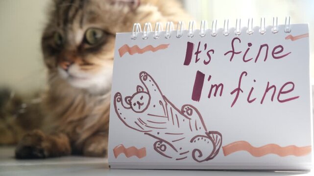 Cute cat sitting next to a notepad with the handwritten text &ldquo;It&rsquo;s fine, I&rsquo;m fine.&rdquo; The humorous, relatable quote adds a touch of lighthearted  gentle self-awareness,  uplifting and motivational vibe