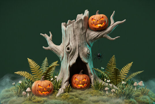 Halloween scene with hollow dead tree trunk, glowing jack-o-lanterns and hanging spider on dark green background