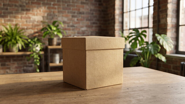 A Closed Cardboard Box on a Wooden Table