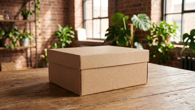A Closed Cardboard Box on a Wooden Table