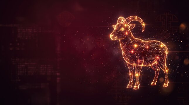 Glowing golden goat symbolizes lunar new year and sheep year 2027 against dark red background, evoking festive mood..