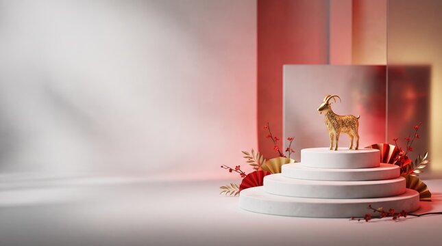 Lunar new year celebration features golden goat on white pedestal for 2027 year of sheep, with elegant red decor.
