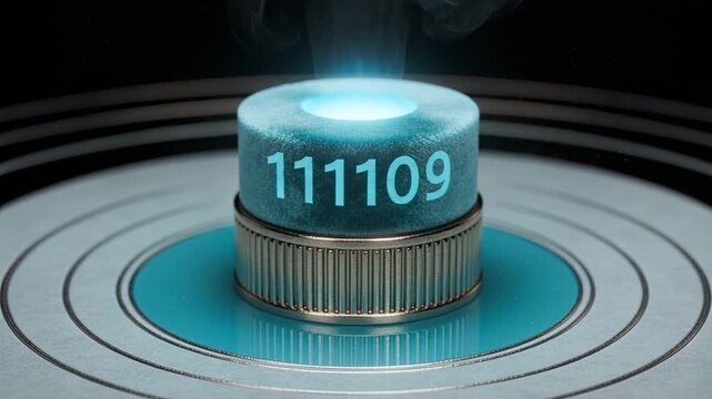 Cylinder resting on turquoise platform as vapor billowing and numbers showing 111109, AI-generated