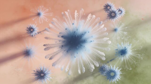 Blue fractal expanding with smaller forms and spheres drifting in soft fluid, AI-generated