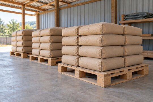 Bagged Construction Materials Stored on Wooden Pallets