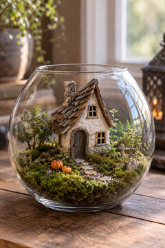 Tiny original house inside a moss terrarium