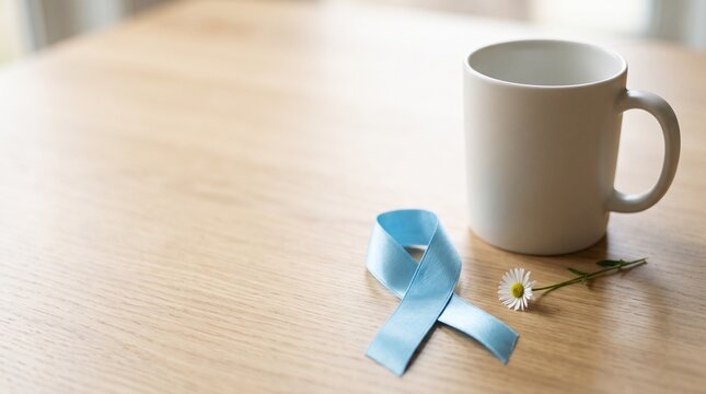 Light blue awareness ribbon with a white coffee mug and a small daisy flower on a wooden table