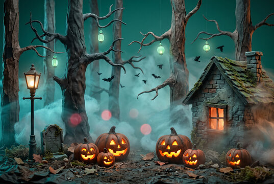 Halloween night scene with glowing jack-o-lanterns, haunted house, graveyard and bats in foggy spooky forest