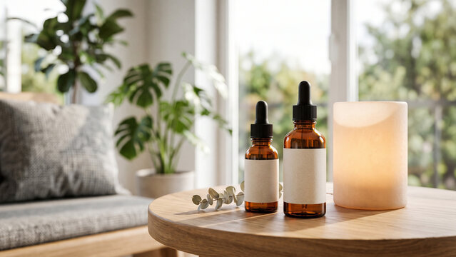 Essential Oils and Salt Lamp on Wooden Table
