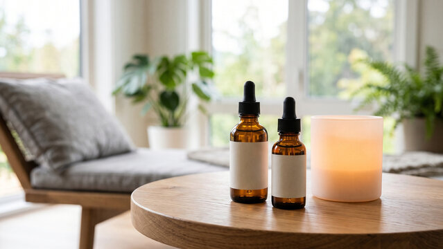 Essential Oils and Salt Lamp on Wooden Table