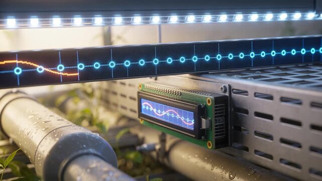Orange waveform scrolling across LED matrix while LCD mirroring drift beside PVC pipe, AI-generated