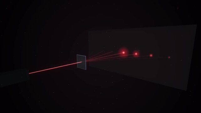 Laser beam passing through a diffraction grating creating a pattern of red light spots on a dark background