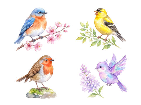 Cute watercolor songbirds isolated on a transparent background