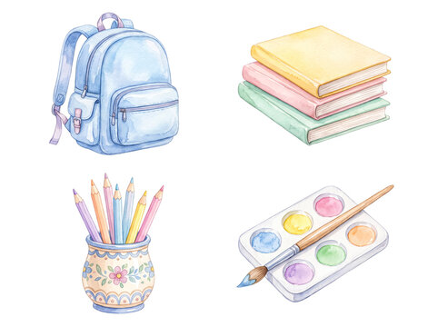 Watercolor school supplies set with backpack, books, pencils, paints