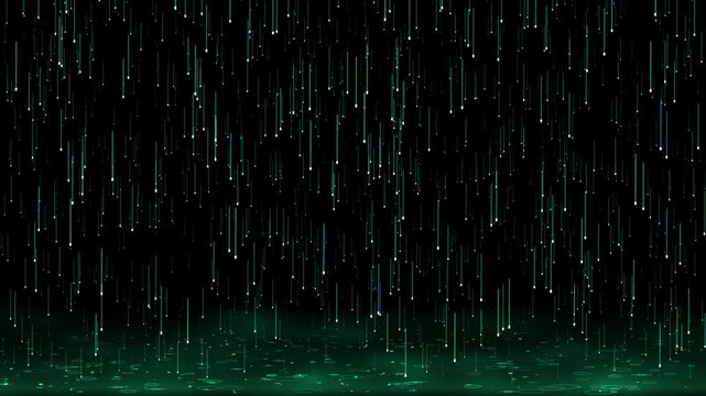 Abstract Digital Teal Rain of Falling Particles with Splashes on Black Background - Motion Graphics