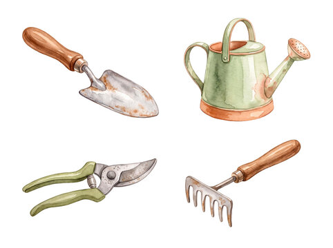 Watercolor gardening tools set with trowel, watering can, shears, rake