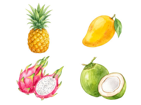 Watercolor tropical fruits set with pineapple, mango, dragon fruit, coconut