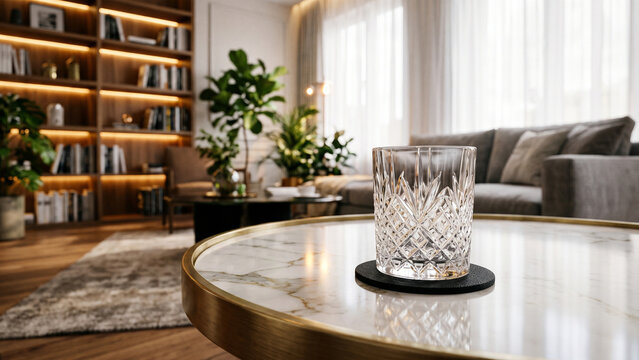 Crystal Glassware and Coaster on Marble Table in Modern Luxury Living Room Interior