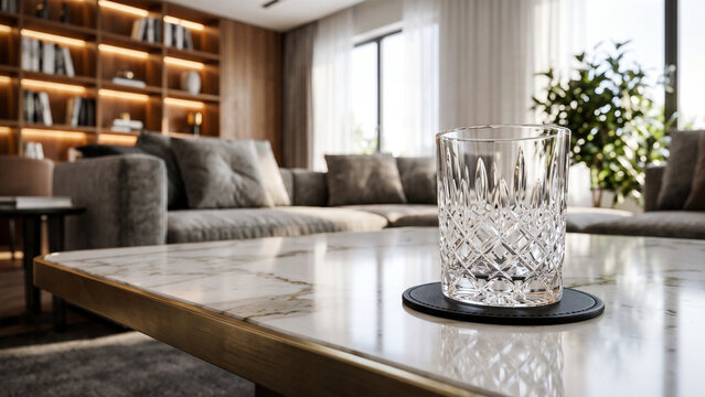 Crystal Glassware and Coaster on Marble Table in Modern Luxury Living Room Interior