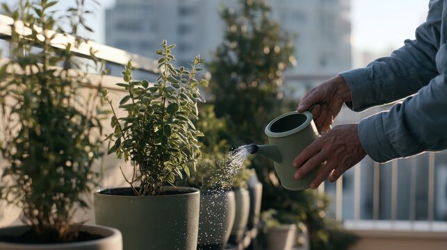 Man watering green potted plants on sunny balcony during a calm morning routine