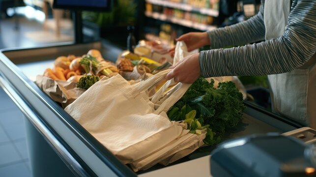Shopper placing reusable bags with fresh vegetables on supermarket checkout counter conveyor belt