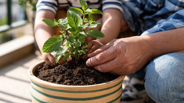 Grandparent and child hands planting green mint herb in ceramic pot outdoors
