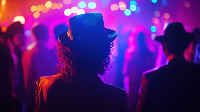 People wearing fedora hats dancing at a crowded nightclub with colorful neon lights